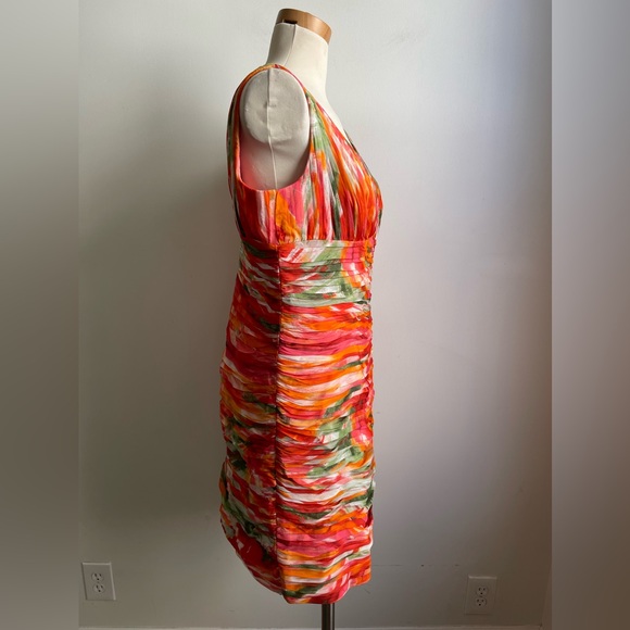 NWT Monique Lhuillier Silk Midi Dress Floral Orange Multicolor Pleated Size 12 - Picture 3 of 7